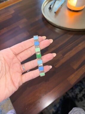 Talbots Blue, Green and Silver Enamel Tile Stretch Bracelet